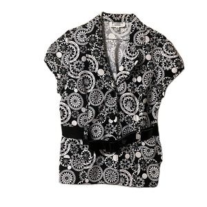 Studio I, Casual, Button Down, Belt Attached, Cap Sleeves Top, Black/White, 14P